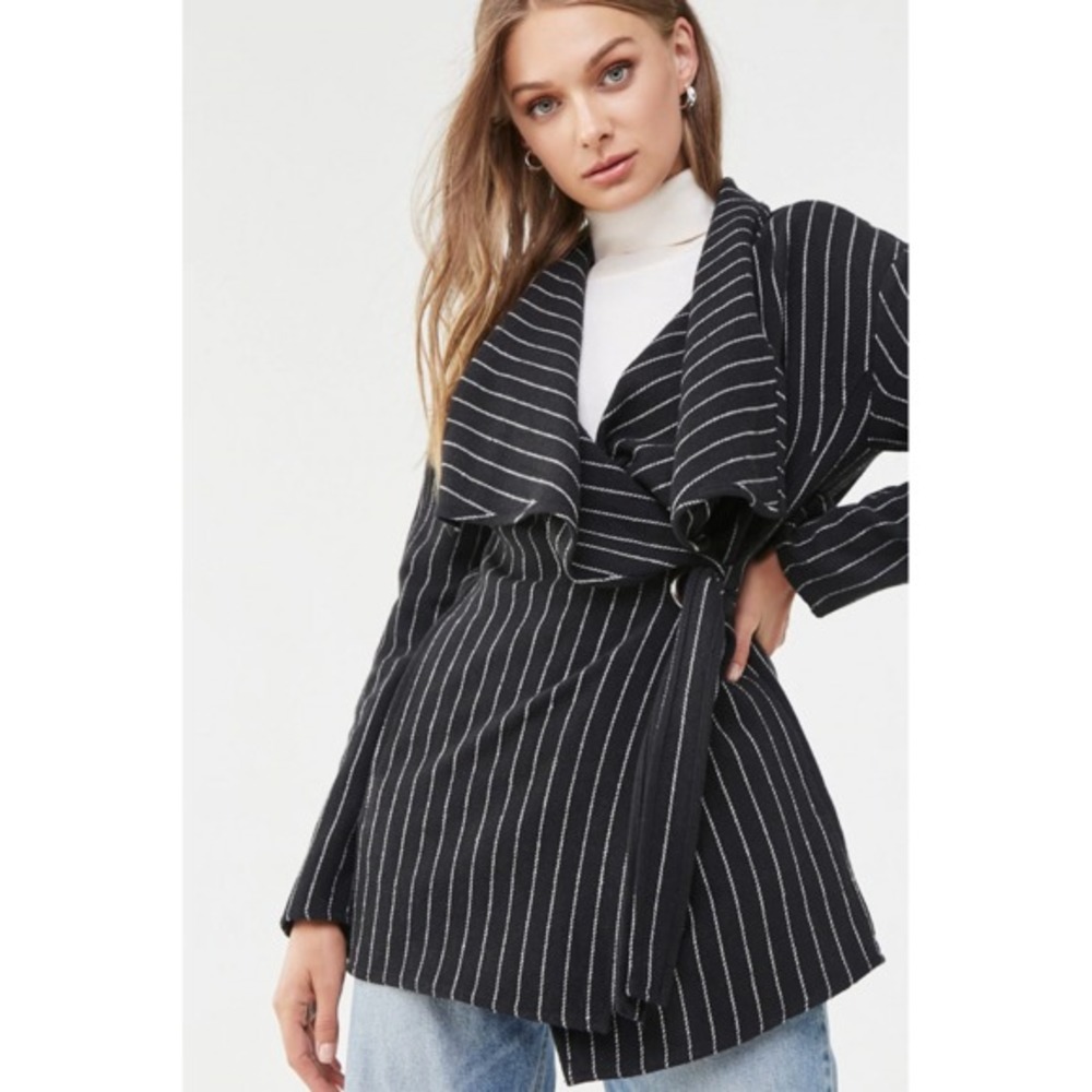 FOREVER 21 Woven Pinstripe Trench Jacket Pea Coat